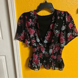 Black and Red Floral Smocked Blouse
